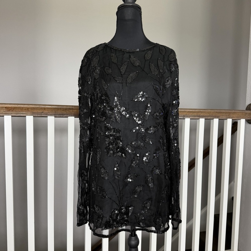 Sweet Lo 100% Silk Beaded Blouse Vintage Black Large Indie Sleeze Formal Wedding